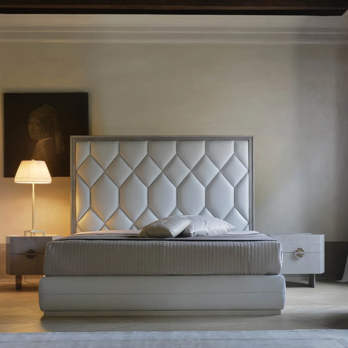 Elegance White Leather & Sycamore Double Bed