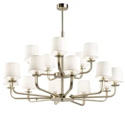 Elegant brushed gold metal & white fabric lampshades Chandelier