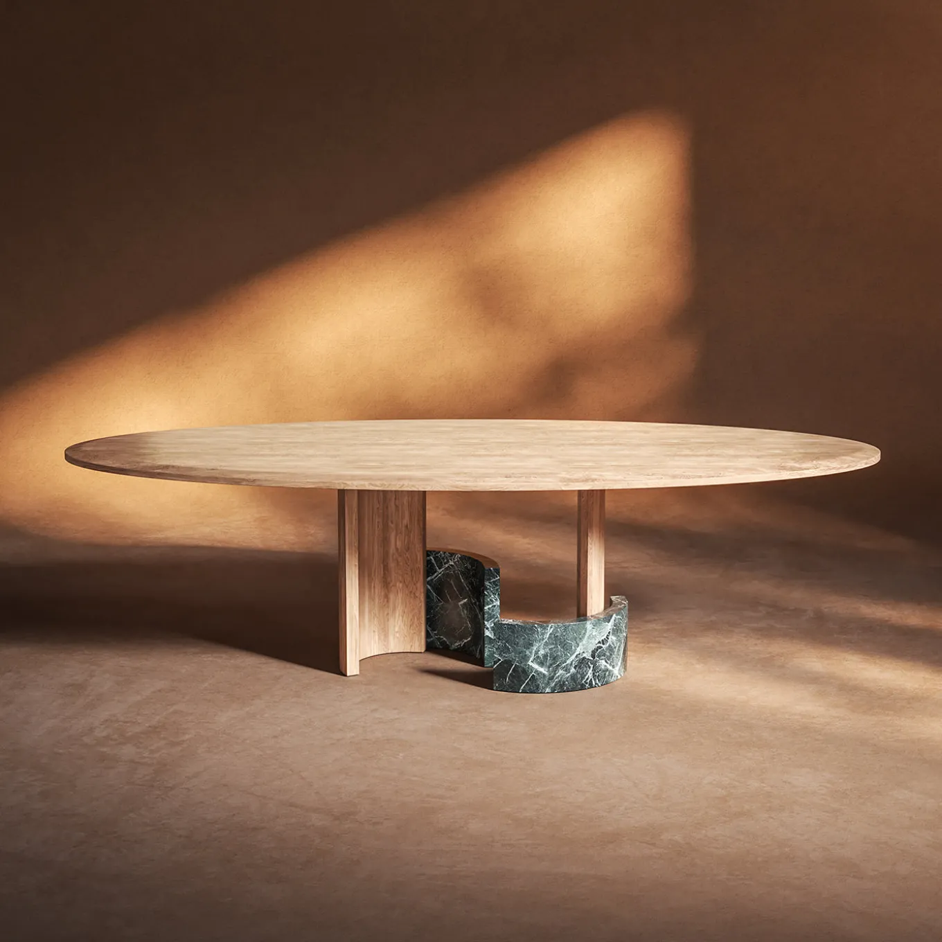 Ellipse Oval Wood and Green Marble Dining Table