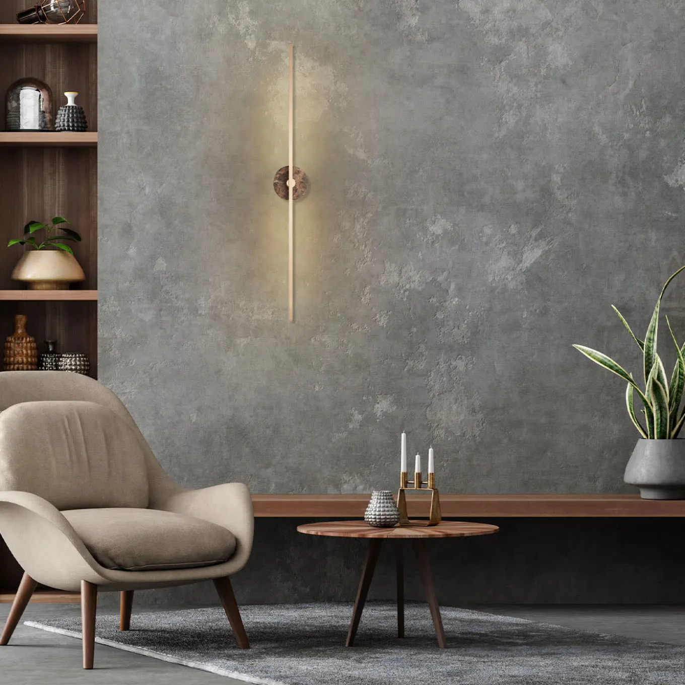 Essential Grand Stick Wall Sconce in Satin Brass and Brown Emperador Marble