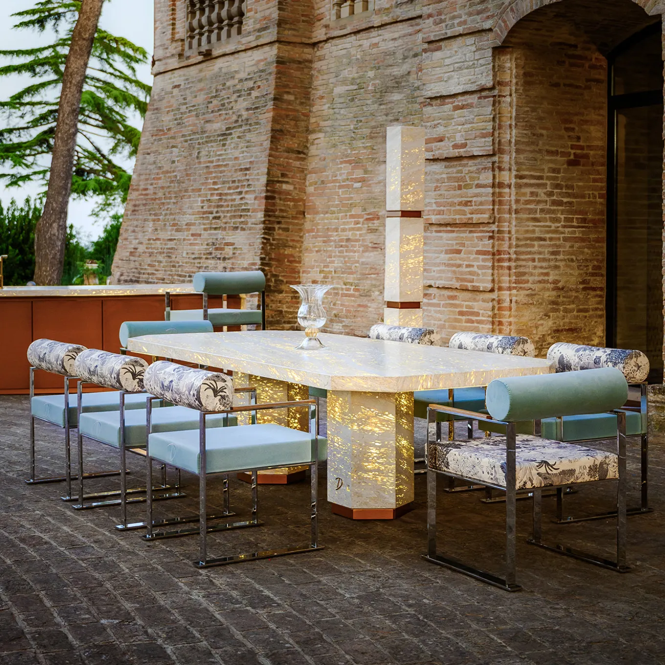 Eternal Hexagon Backlit Travertine Marble Dining Table by Bebo & Angel