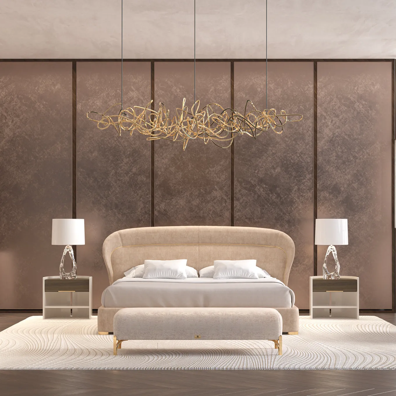 Flare 02 Beige Upholstered Bench with Metal Legs