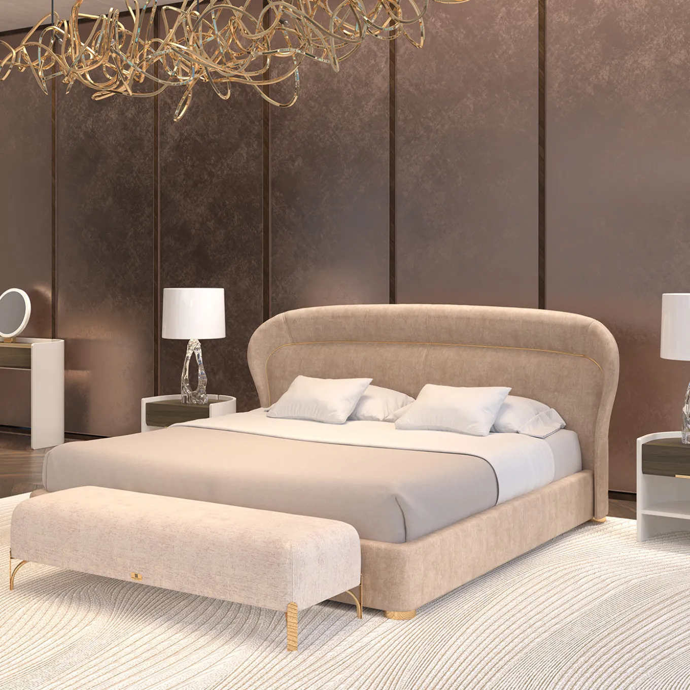 Flare 02 Upholstered Beige Velvet Bed