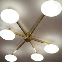 Flush-Mount Brass And Glass Ceiling Lamp With 6 Arms