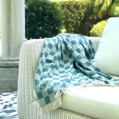 Fringed Chessboard-Patterned Green Blanket