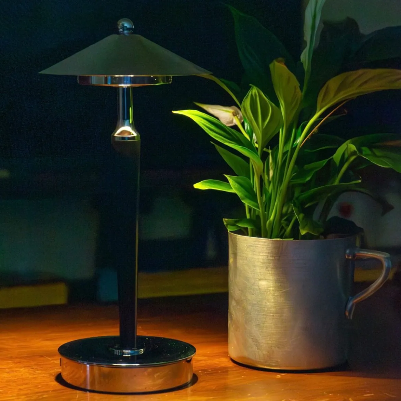 Fujiko Chrome Finish And Black Wood Rechargeable Table Lamp