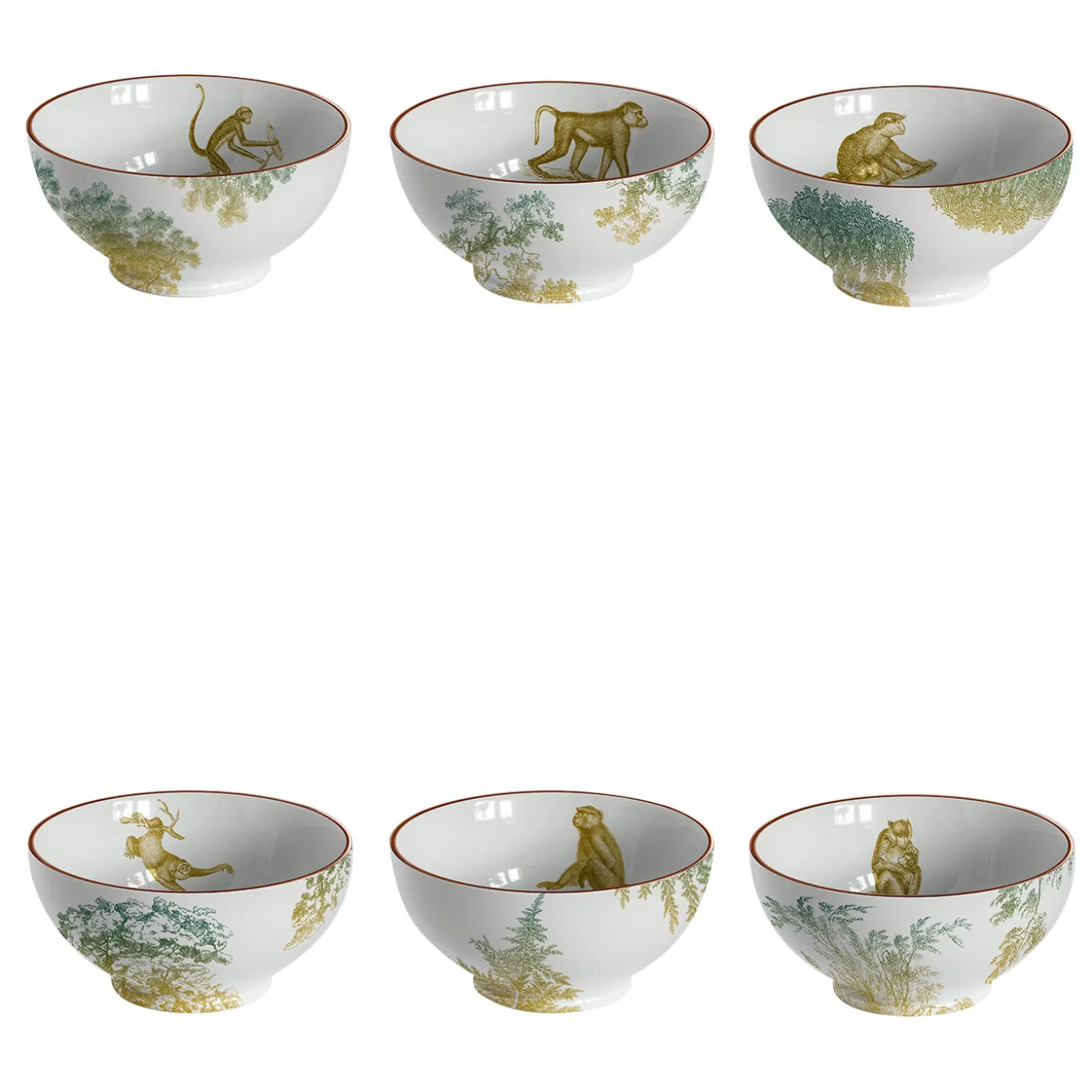 Galtaji Set Of 6 Porcelain Bowls With Trees And Monkeys