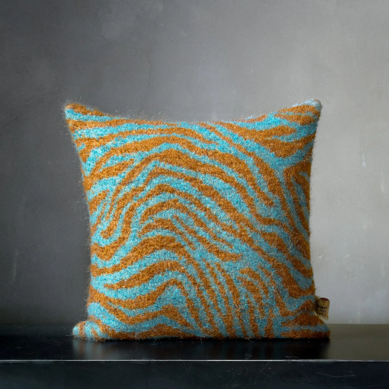Gazon Zebra-Striped Turquoise & Mustard Mohair Cushion