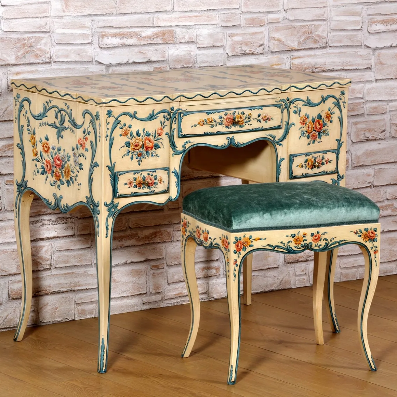 Genoese Style Hand-painted Vanity Table with Stool