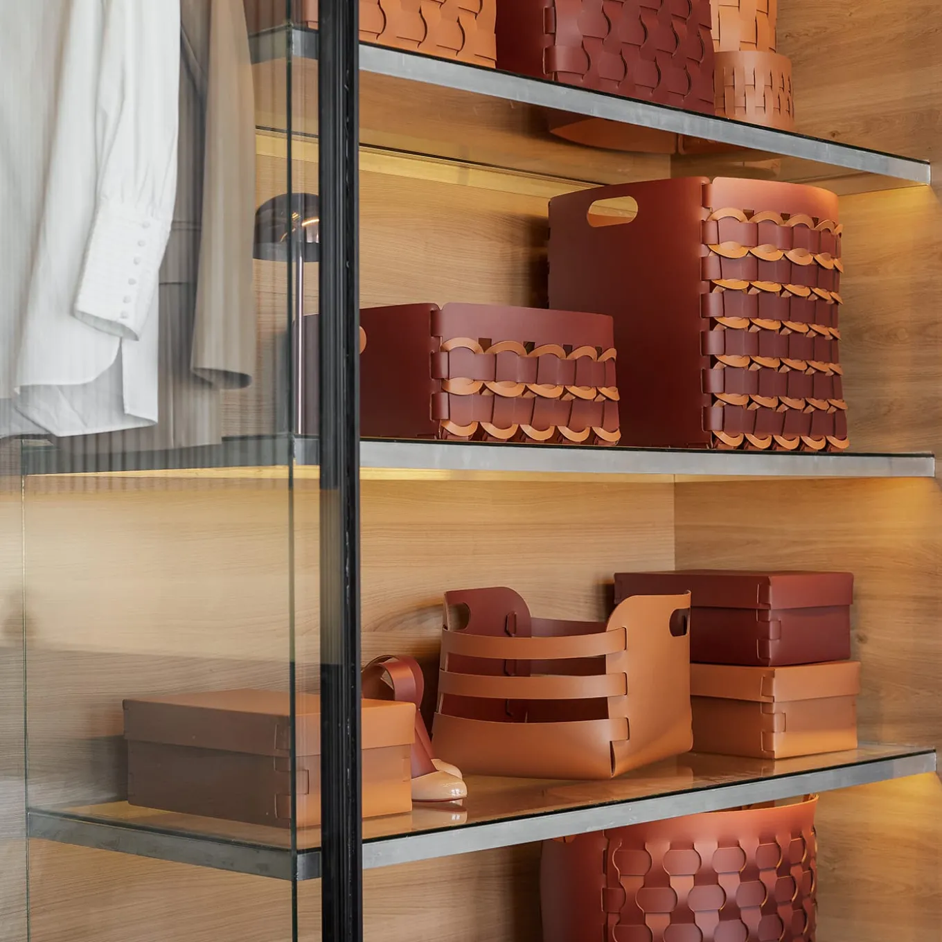 Geometria Bordeaux and Cognac Leather Basket