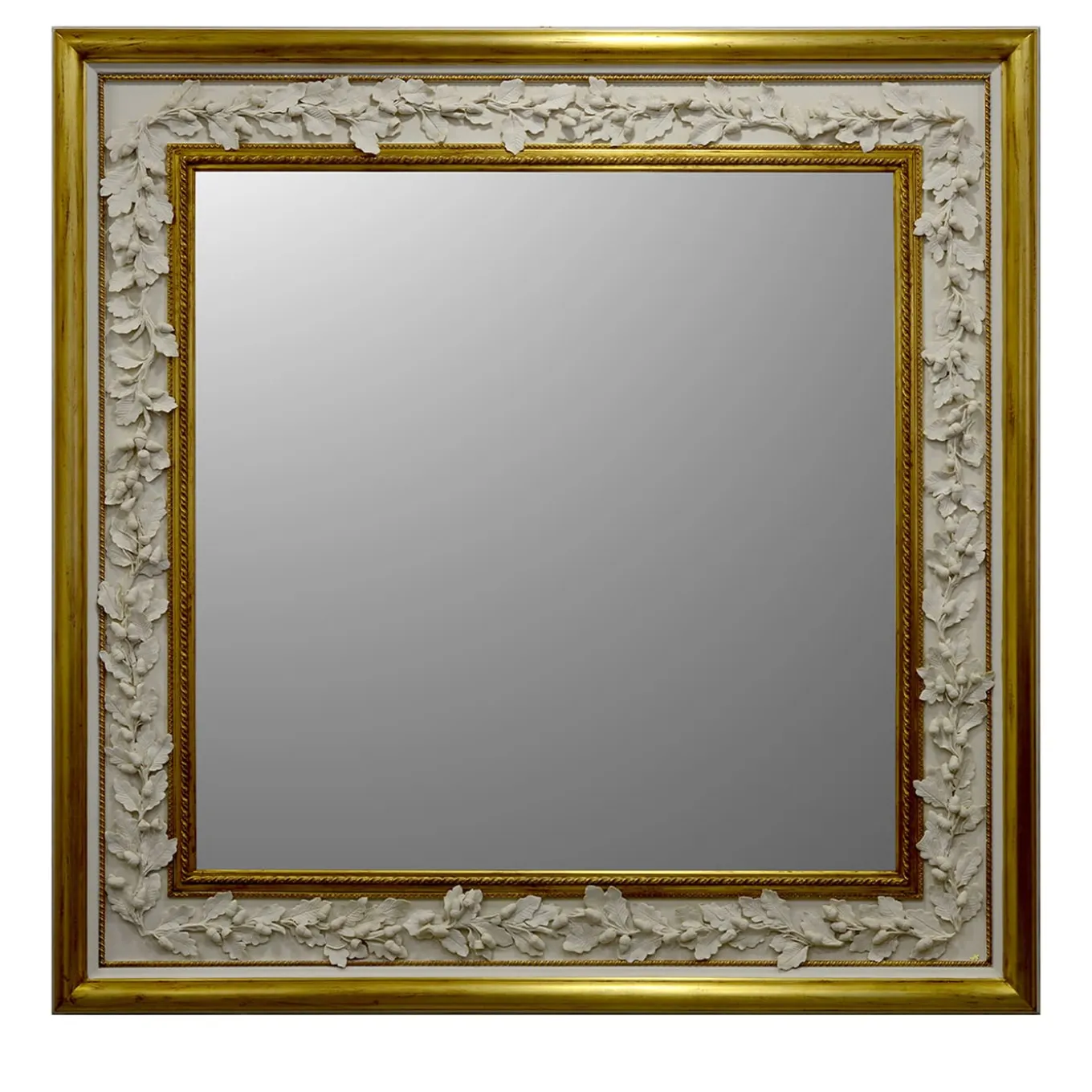 Gilded Wall Mirror with Capodimonte Biscuit Porcelain Acorn Decorations