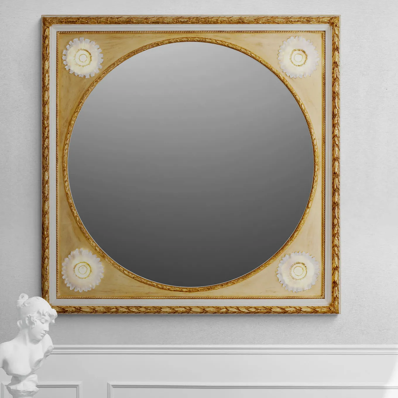 Gilded Wall Mirror with Capodimonte Porcelain Sunflowers and Gold Accents