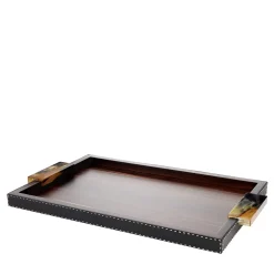 Gioele Ebony & Black Leather Tray with Horn Handles