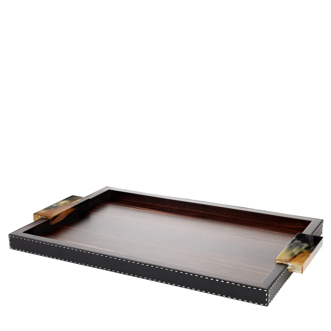 Gioele Ebony & Black Leather Tray with Horn Handles