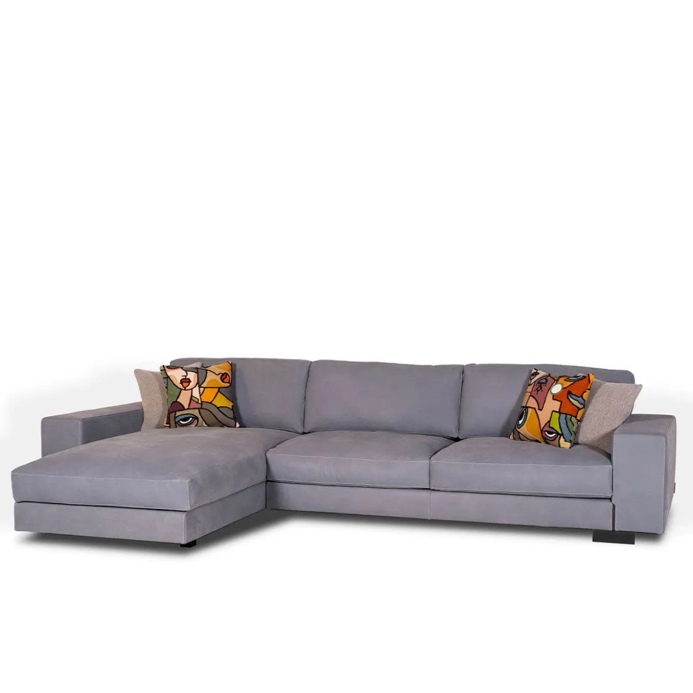 Glam light blue leather sofa with chaise longue