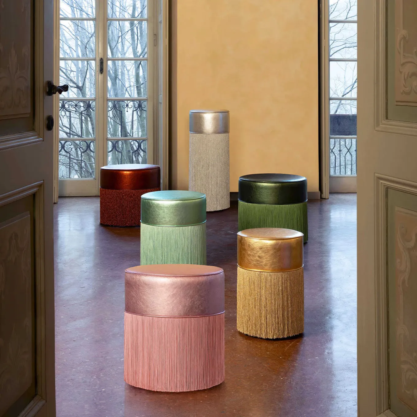 Gleaming Light Green Metallic Leather Pouf by Lorenza Bozzoli