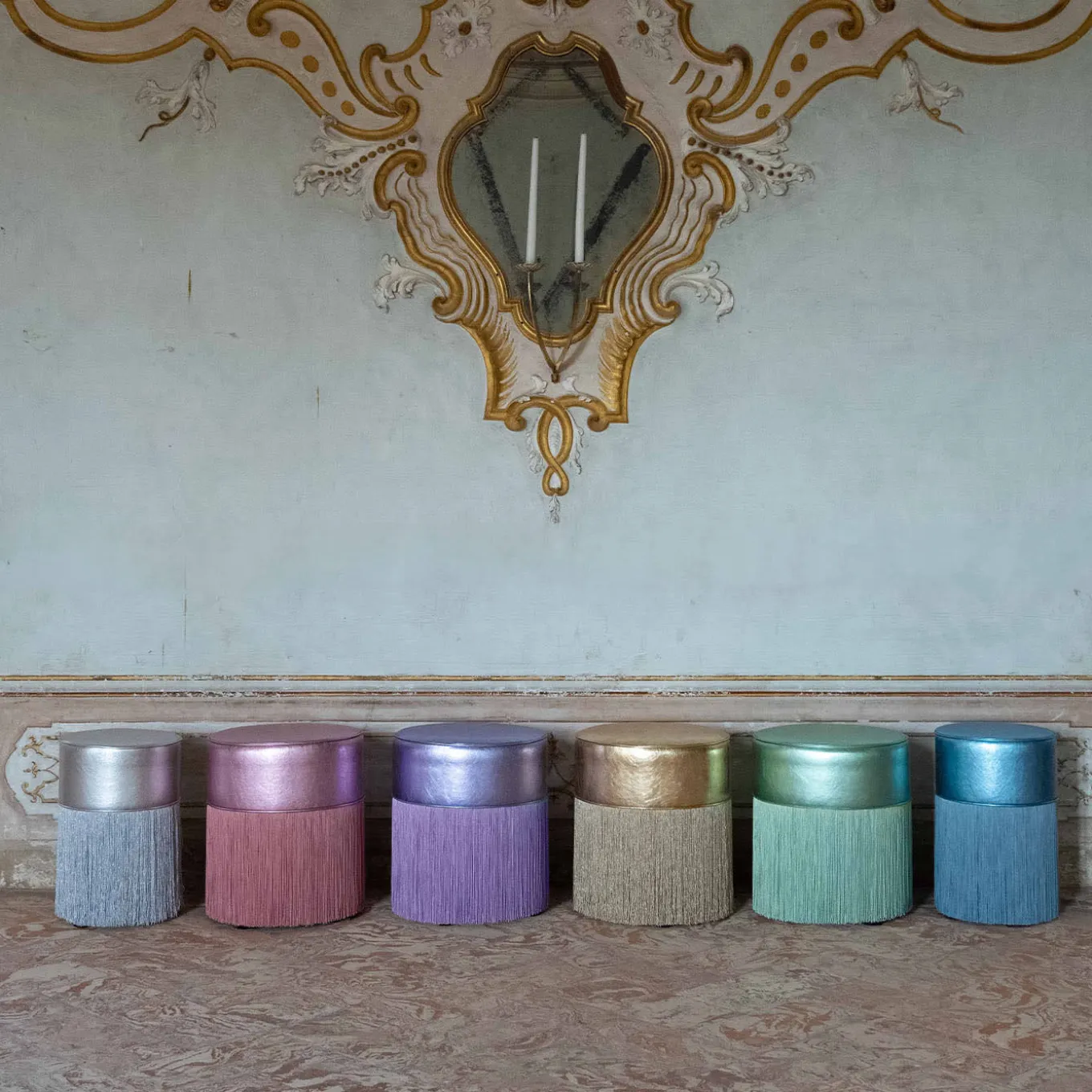 Gleaming Silver Metallic Leather Pouf by Lorenza Bozzoli