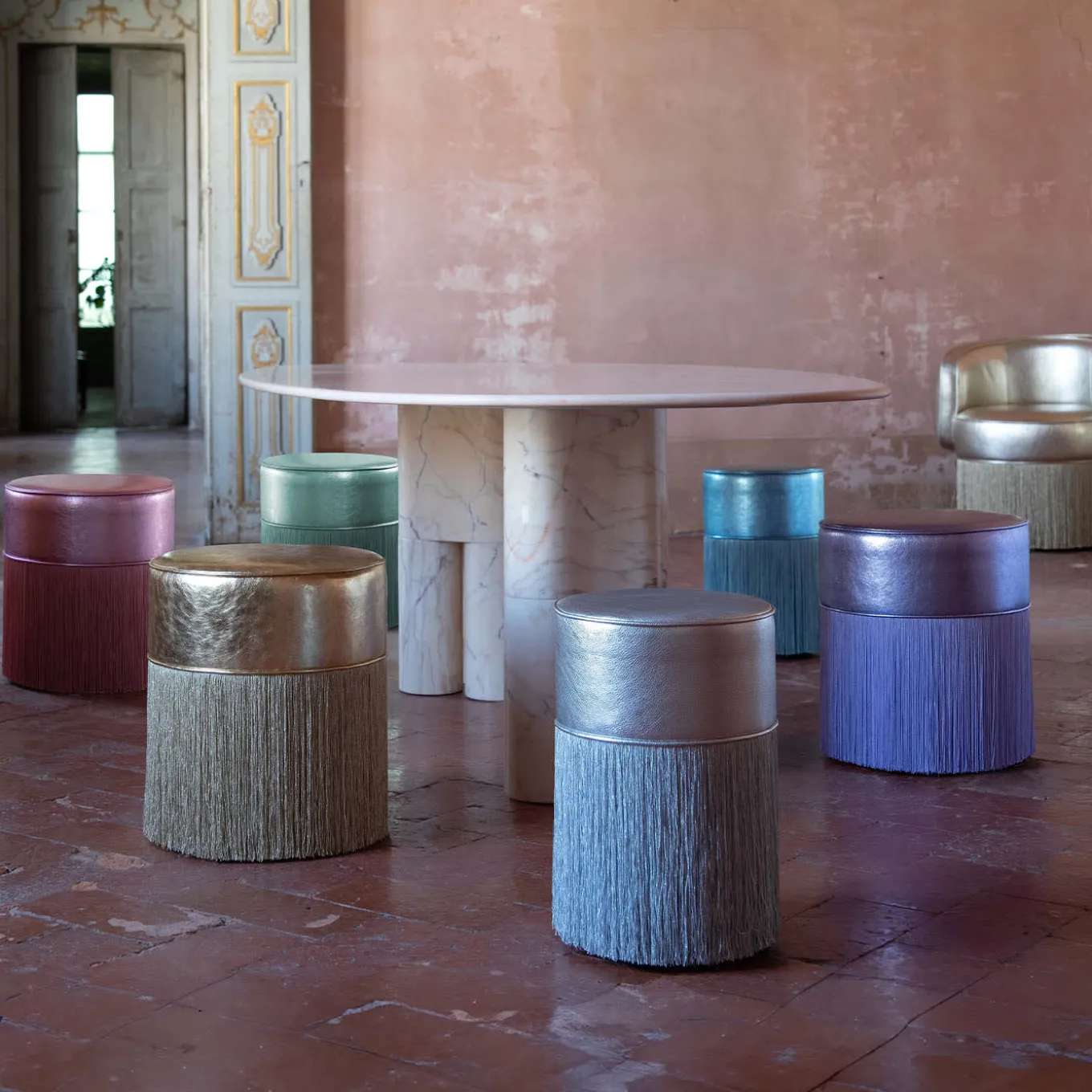 Gleaming Silver Metallic Leather Pouf by Lorenza Bozzoli