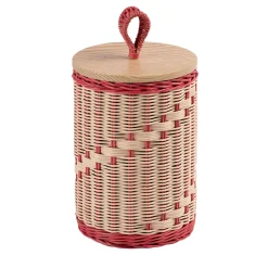 Goccia Tall Pink and Natural Wicker Jar with Wood Lid