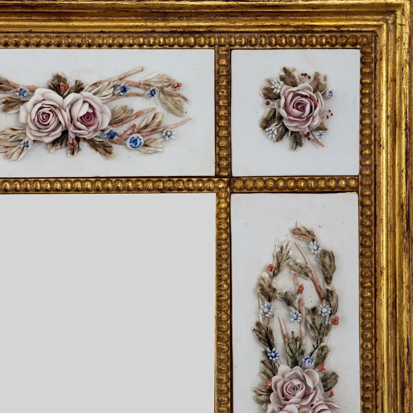 Golden Wall Mirror with Capodimonte Biscuit Porcelain and Painted Roses