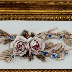 Golden Wall Mirror with Capodimonte Biscuit Porcelain and Painted Roses