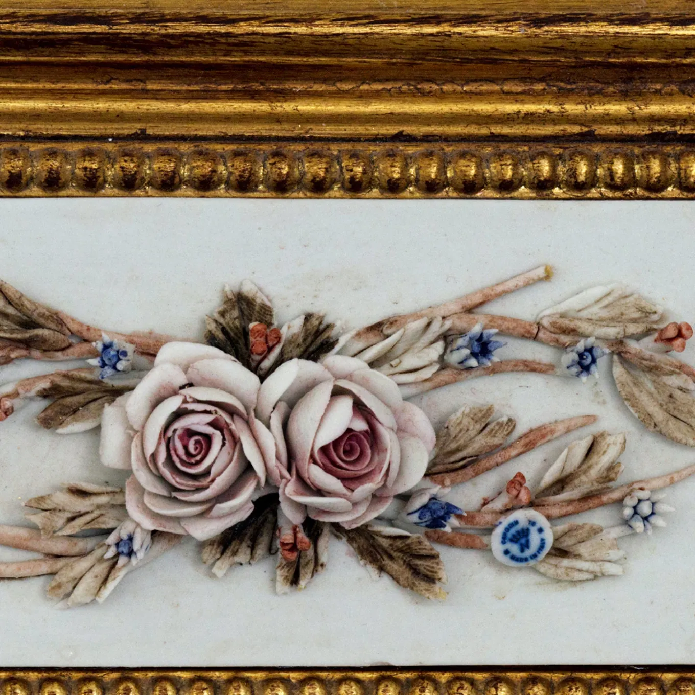 Golden Wall Mirror with Capodimonte Biscuit Porcelain and Painted Roses