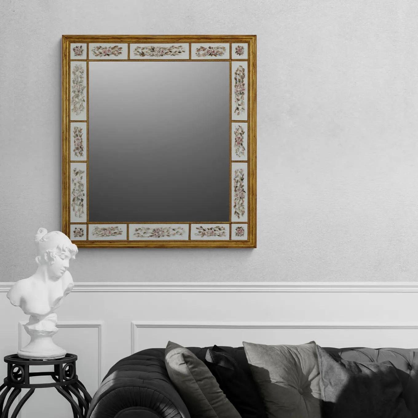 Golden Wall Mirror with Capodimonte Biscuit Porcelain and Painted Roses