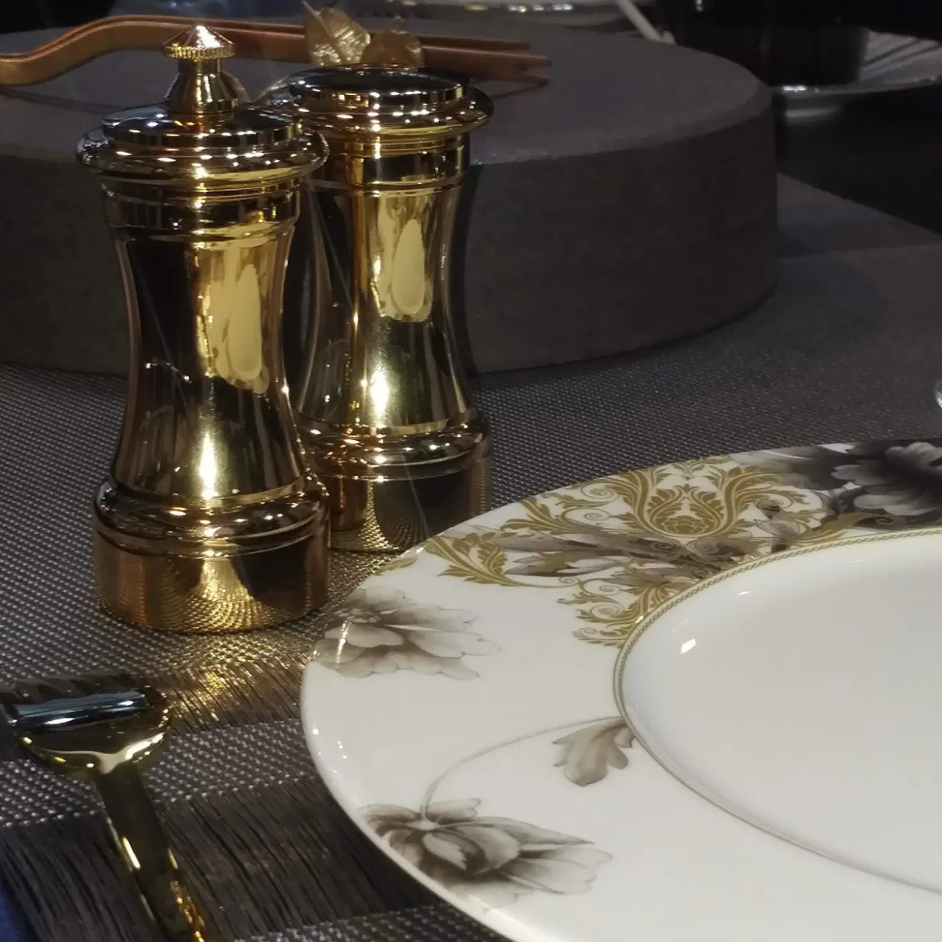 Gold-Plated Brass Pepper Mill and Salt Shaker