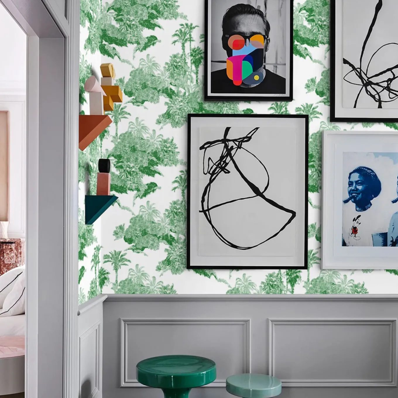 Green Tropical Toile de Jouy Wallpaper