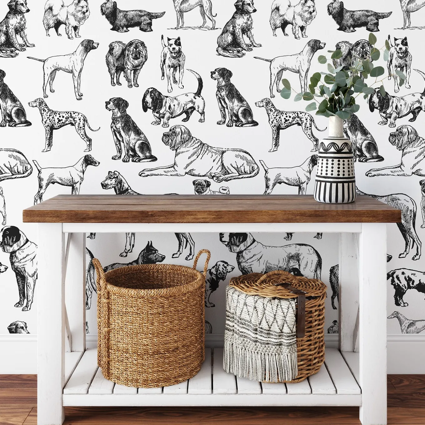 Hand-Drawn Black and White Dogs Wallpaper