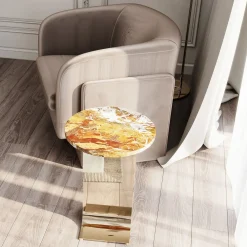 Hani Orange Marble With Gold Finish Metal Structure Side Table