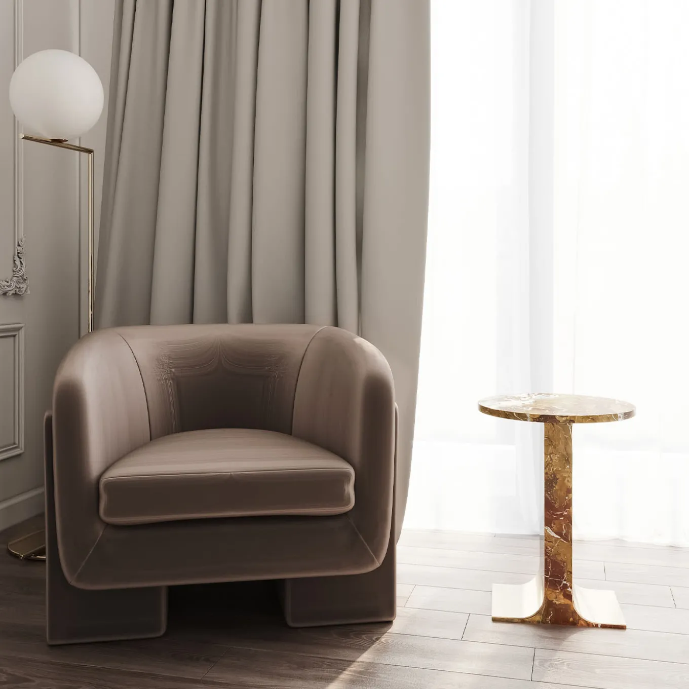 Hani Orange Marble With Gold Finish Metal Structure Side Table