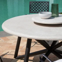 Hermu 150 Travertino Stone and Brown Steel Outdoor Dining Table