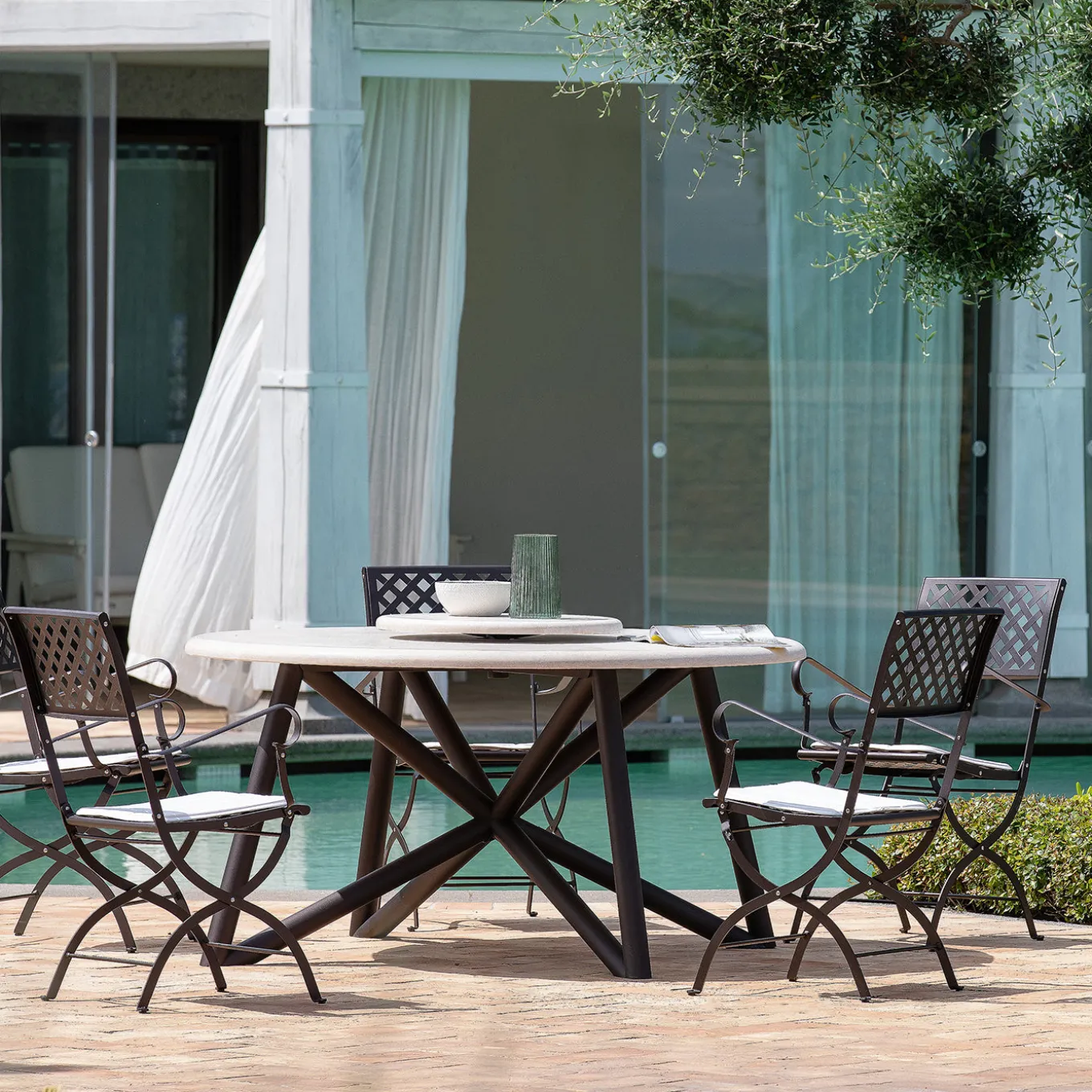Hermu 150 Travertino Stone and Brown Steel Outdoor Dining Table