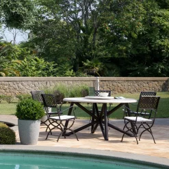 Hermu 150 Travertino Stone and Brown Steel Outdoor Dining Table