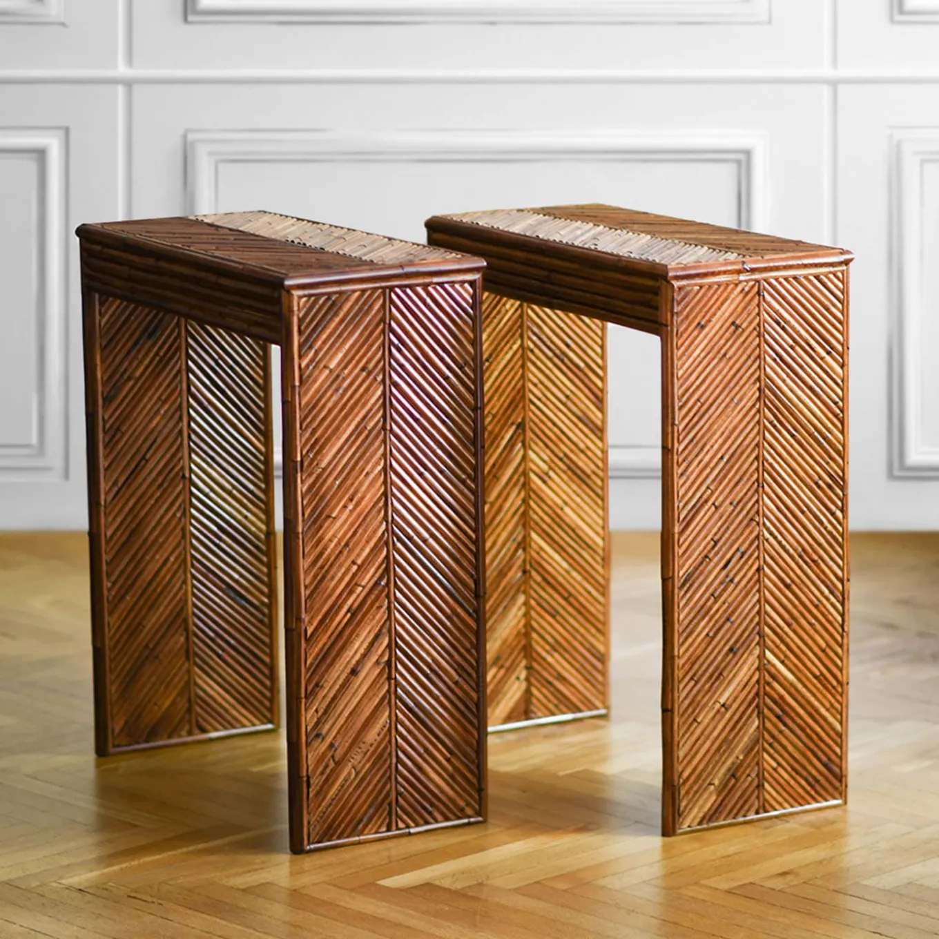 Herringbone-Patterned Bamboo Console