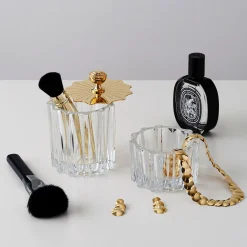 High Transparent Vanity Jar with Goldplated Art Deco Lid