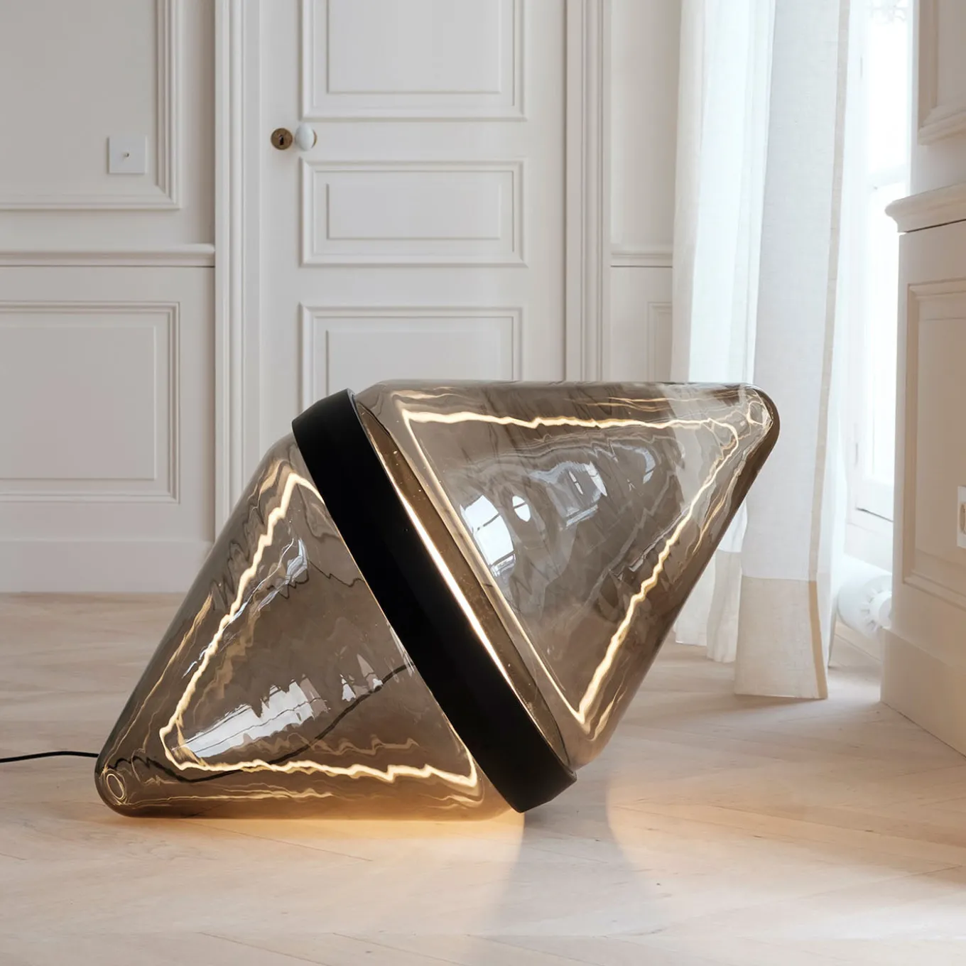 Hollow Smoky Brown Floor Lamp with Black Ring by Dan Yeffet