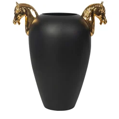 Horse Large Black & Glossy Gold Vase
