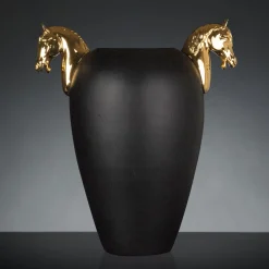Horse Large Black & Glossy Gold Vase