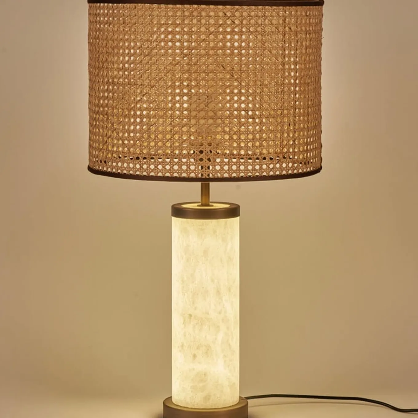 Hortensia Natural Straw Marble Cylinder Table Lamp