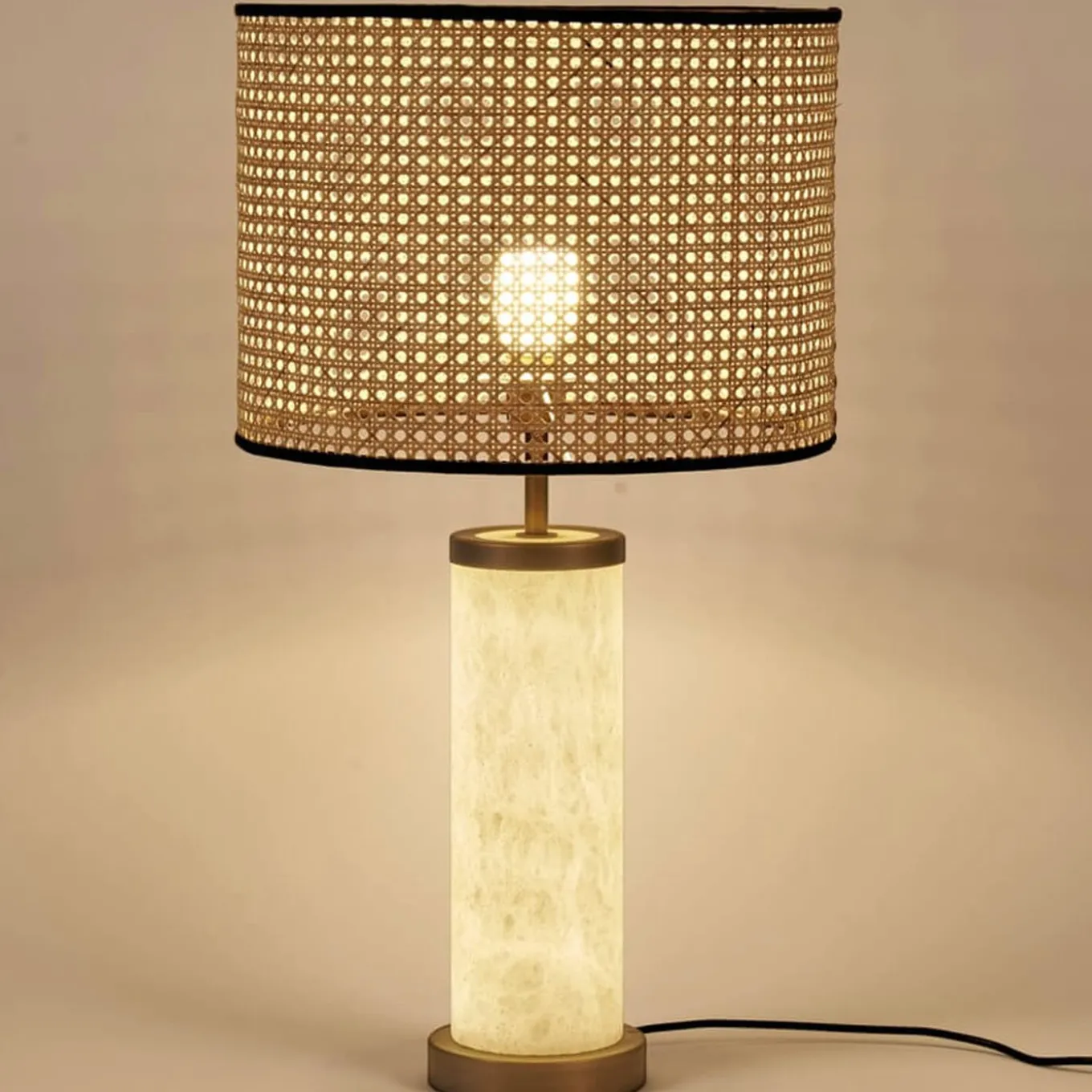 Hortensia Natural Straw Marble Cylinder Table Lamp