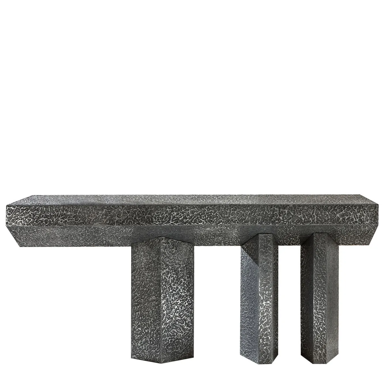 Imperfetto Asymmetrical Three-legged Liquid Metal Tin Console