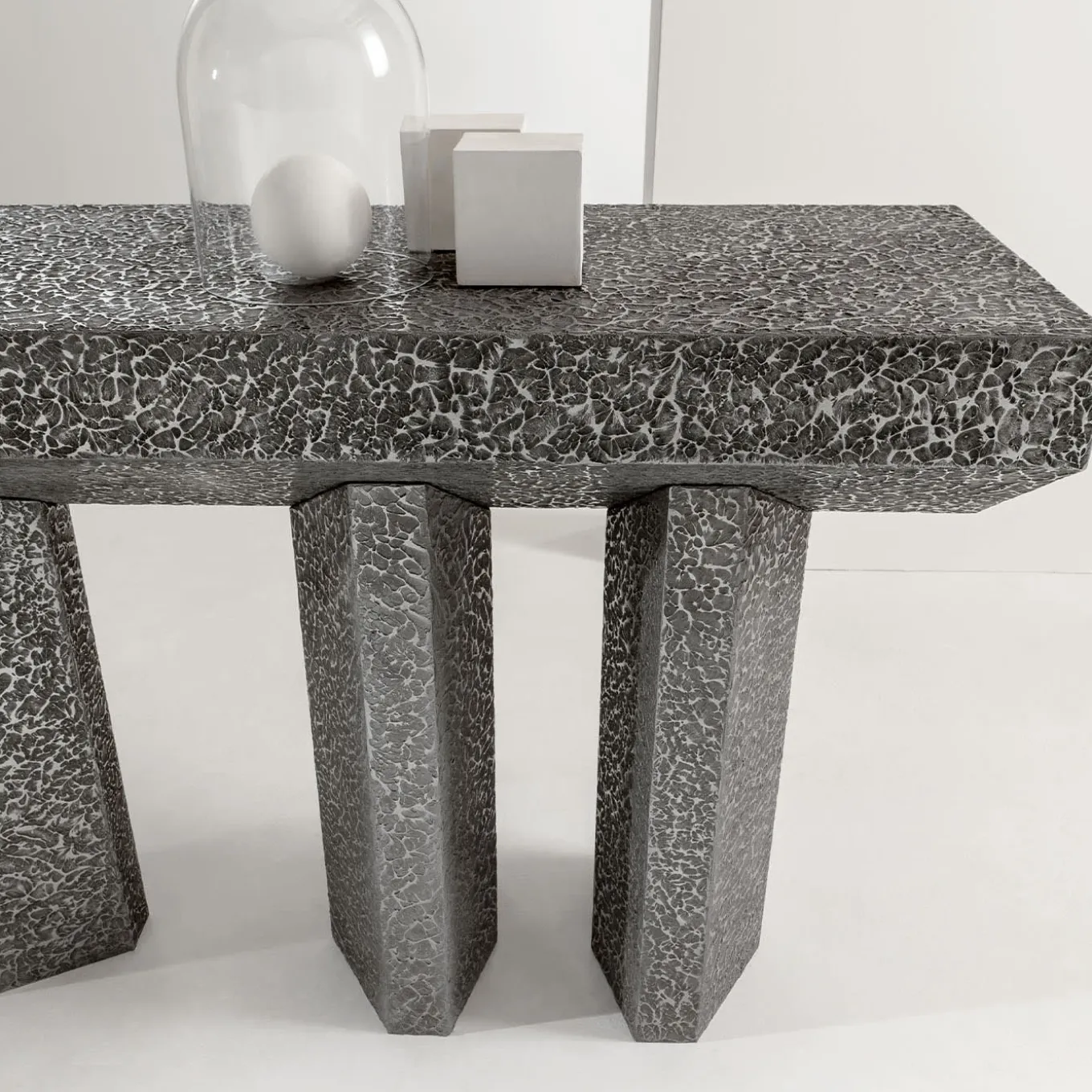 Imperfetto Asymmetrical Three-legged Liquid Metal Tin Console