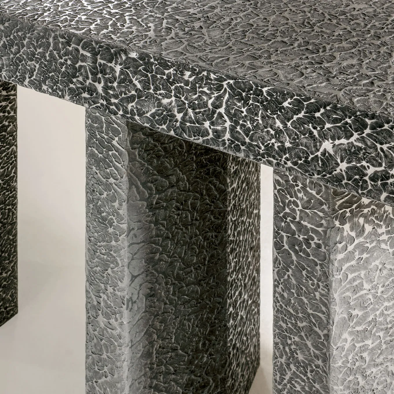 Imperfetto Asymmetrical Three-legged Liquid Metal Tin Console