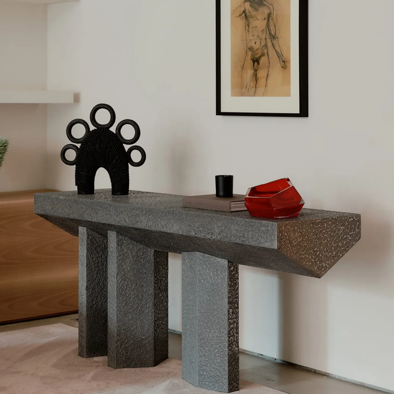 Imperfetto Asymmetrical Three-legged Liquid Metal Tin Console