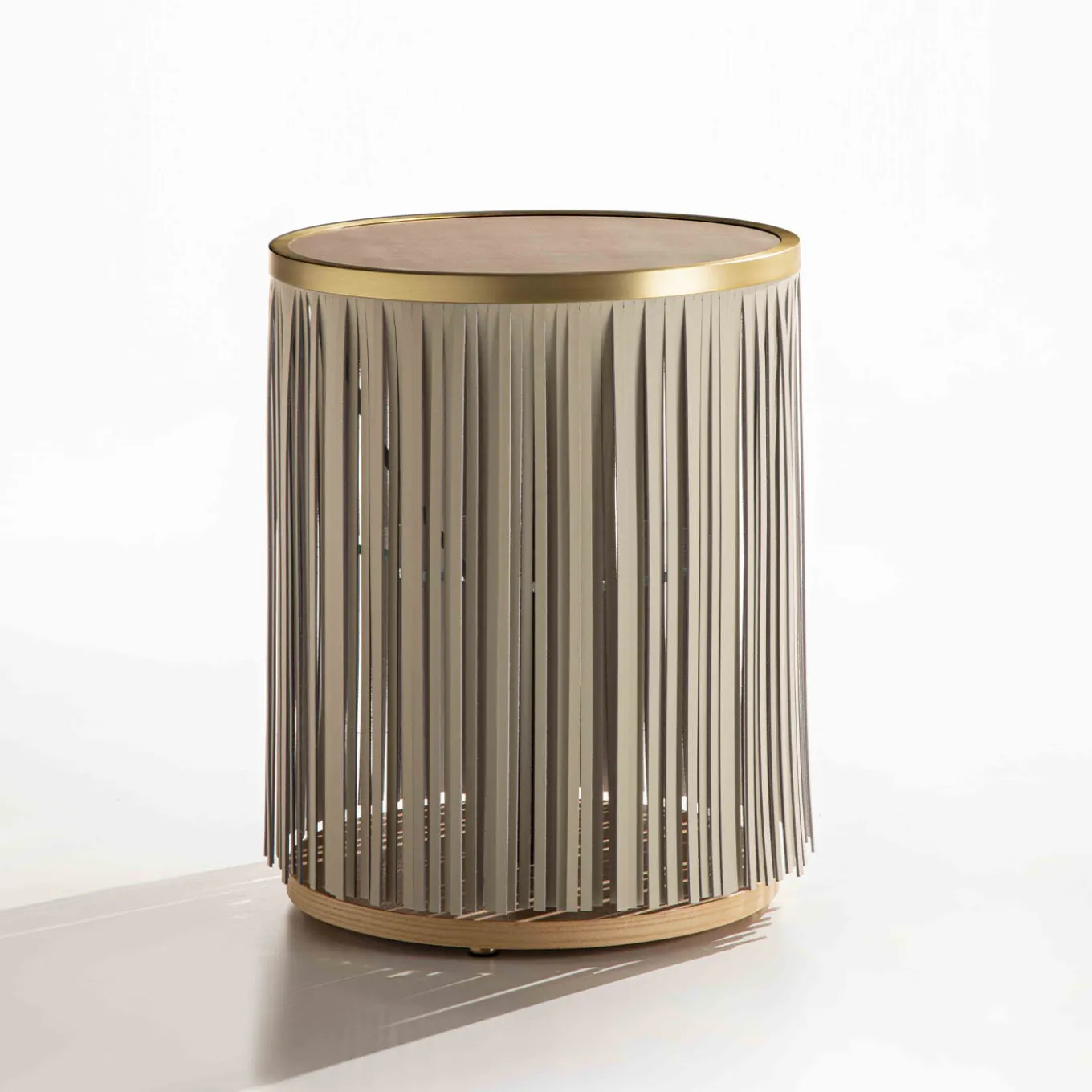 Indian Ash Side Table with Gray Leather Fringe