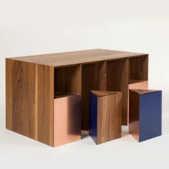 Intarsio Walnut Desk with Triangular Stools