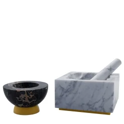 J&J White Carrara and Portoro Vena Gold Marble Mortar & Pestle