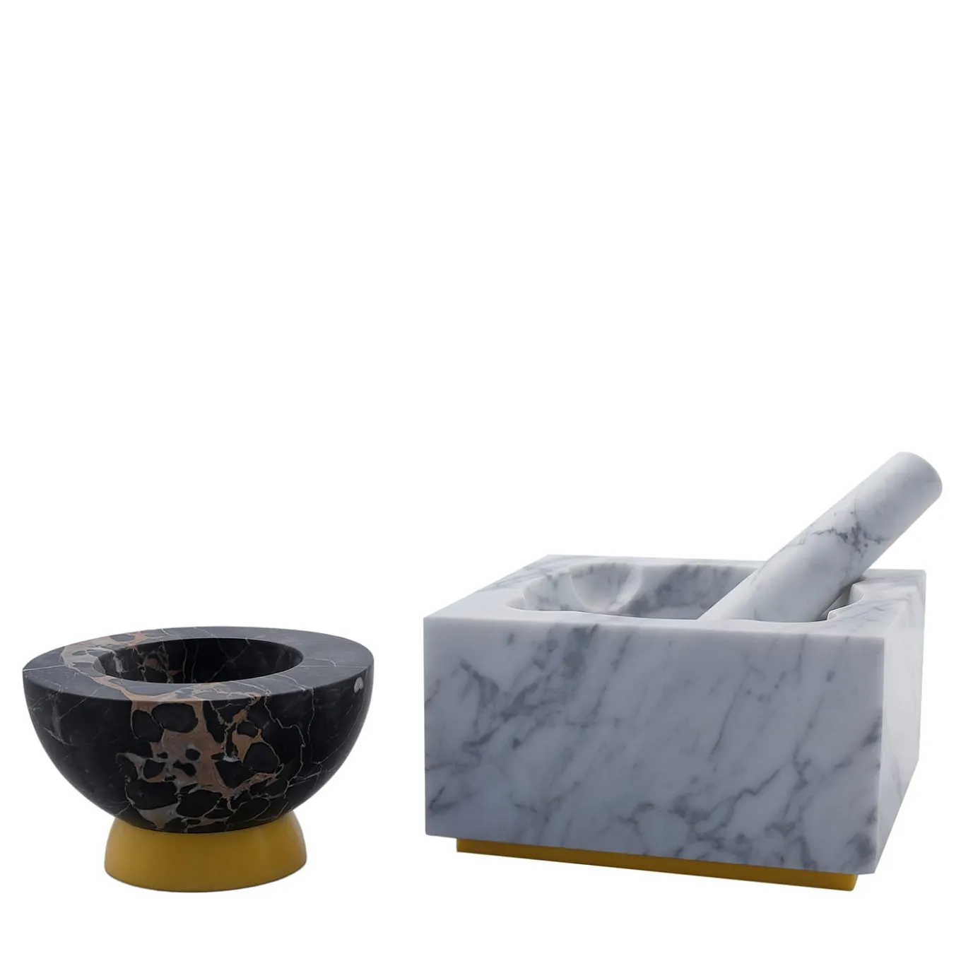 J&J White Carrara and Portoro Vena Gold Marble Mortar & Pestle